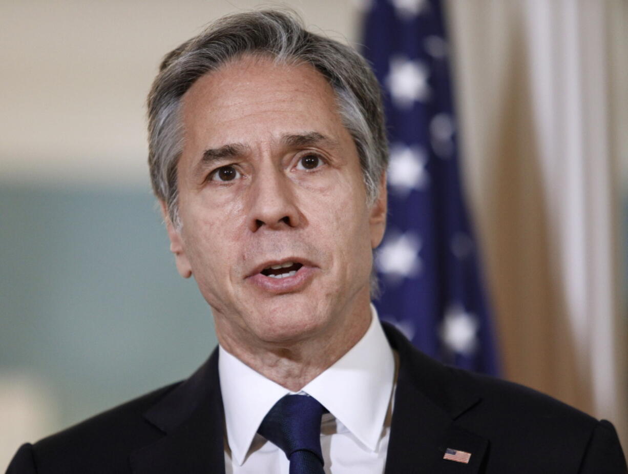 Secretary of State Antony Blinken speaks with meeting with Chile's Foreign Minister Andres Allamand, Friday, July 16, 2021, at the State Department in Washington.