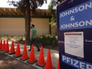 Carlos Arrendondo arrives for his appointment to get vaccinated at a county-run vaccination site at the Eugene A. Obregon Park in Los Angeles on Thursday.