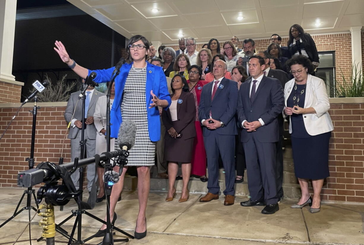 FILE - In this May 31, 2021, file photo, Texas state Rep. Jessica Gonzalez speaks during a news conference in Austin, Texas, after House Democrats pulled off a dramatic, last-ditch walkout and blocked one of the most restrictive voting bills in the U.S. from passing before a midnight deadline. Democrats in the Texas Legislature were planning Monday, July 12, to leave the state in another revolt against a GOP overhaul of election laws.