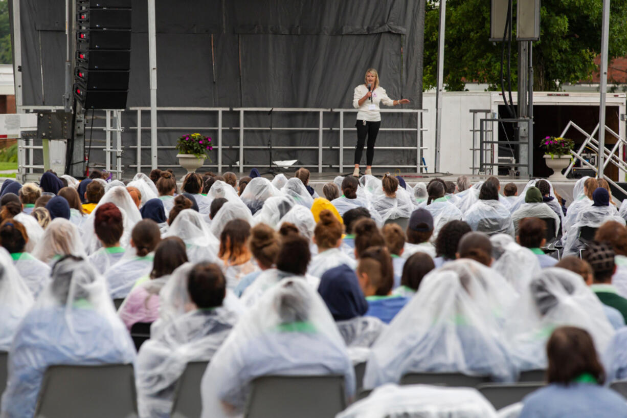 Leah Howard, of Living Word Church, speaks to incarcerated women at the Ohio Reformatory for Women in Marysville during Prison Fellowship's Angel Tree Parent Day program. The program was the first outside event allowed in the prison since the COVID-19 pandemic began.