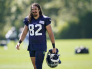 Seattle Seahawks tight end Luke Willson, pictured at training camp in 2020, has re-signed with the team to help add depth.. (AP Photo/Ted S.