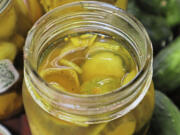 Old-fashioned bread and butter pickles are flavored with brown sugar and onion, with turmeric adding a lovely golden hue.