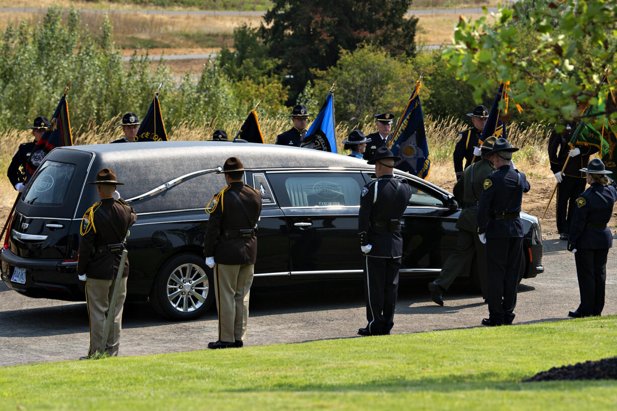 The body of Sgt. Jeremy Brown arrives at ilani casino as a multi-agency honor guard pays tribute Tuesday morning, Aug. 3, 2021.