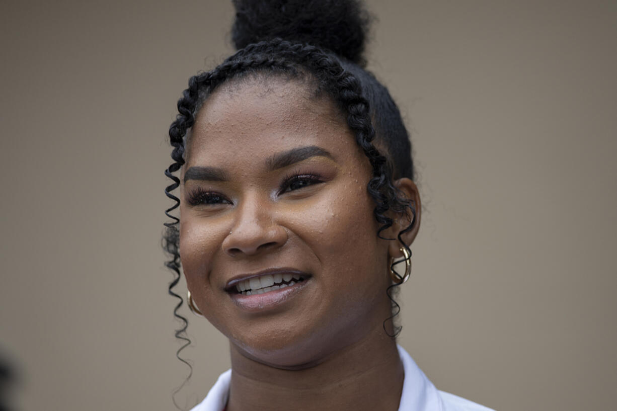 2020 Olympic Games silver medal winning gymnast Jordan Chiles greets fans in Uptown Village before the parade in her honor on Sunday afternoon, Aug. 22, 2021.