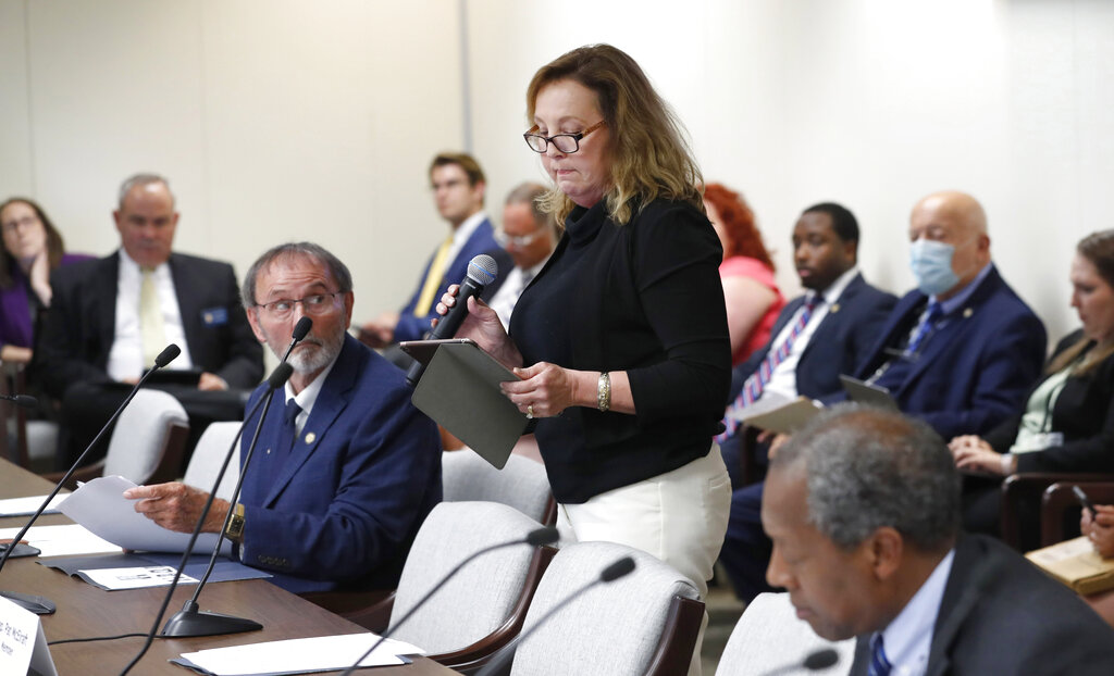 Judy Wiegand speaks during a House Judiciary Committee meeting in Raleigh, N.C., Tuesday, June 22, 2021. Wiegand, who was married when she was 13, was speaking in favor of Senate Bill 35, which would raise the minimum age to be married to 16.