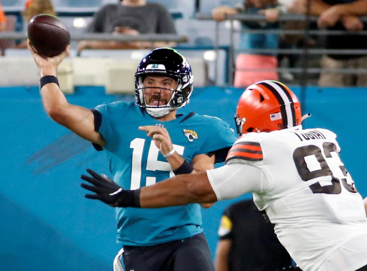 The Jacksonville Jaguars traded backup quarterback Gardner Minshew (15) to Philadelphia on Saturday, Aug. 28, 2021, for a conditional draft pick in 2022. (AP Photo/Stephen B.