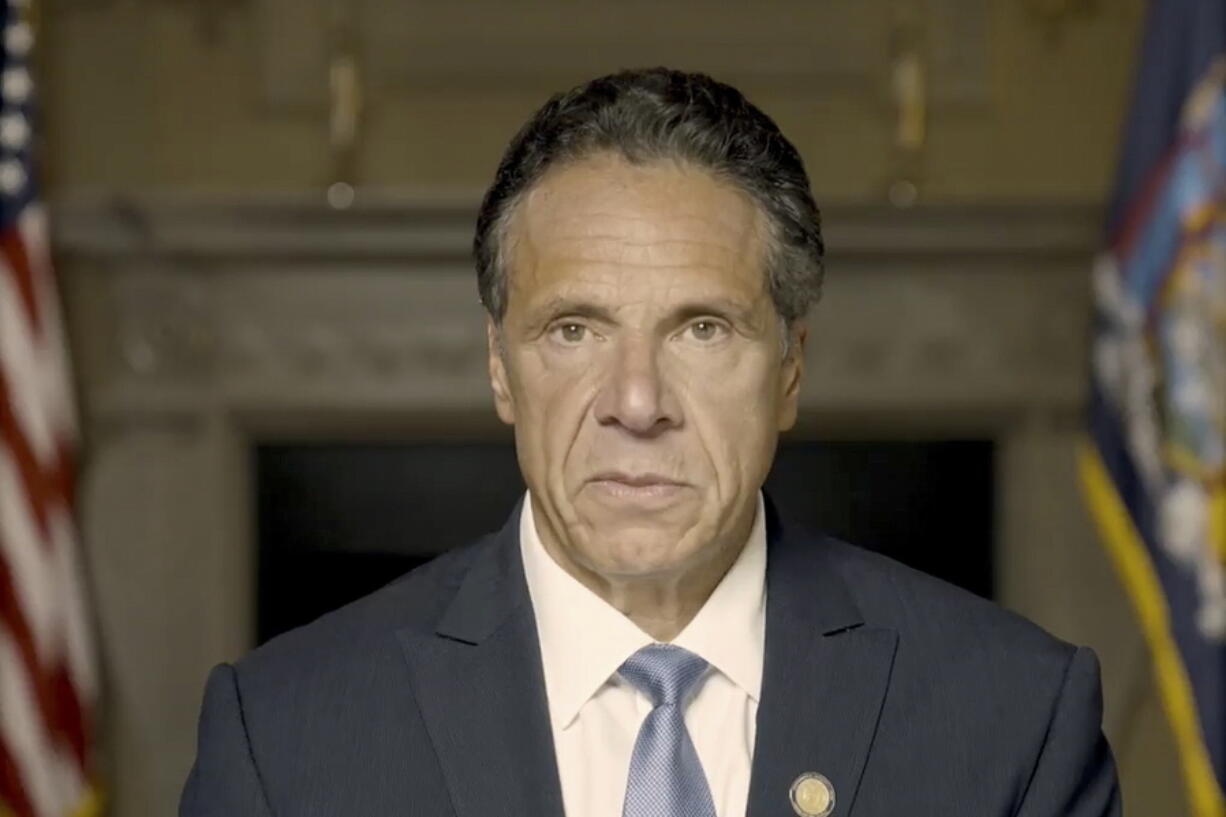 In this image taken from video provided by Office of the NY Governor, New York Gov. Andrew Cuomo makes a statement on a pre-recorded video released, Tuesday, Aug. 3, 2021, in New York. An investigation into New York Gov. Andrew Cuomo has found that he sexually harassed multiple current and former state government employees. State Attorney General Letitia James announced the findings Tuesday.