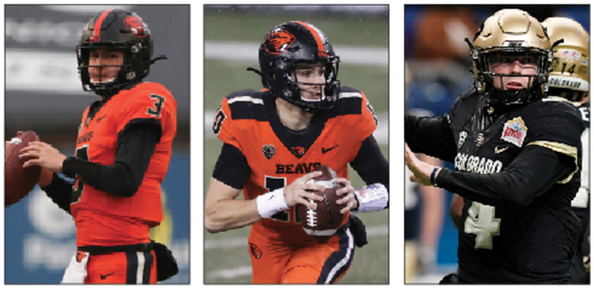 Oregon State's trio of quarterback options for 2021 include Tristan Gebbia, left, Chance Nolan, and Colorado transfer Sam Noyer.