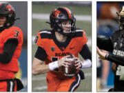 Oregon State's trio of quarterback options for 2021 include Tristan Gebbia, left, Chance Nolan, and Colorado transfer Sam Noyer.