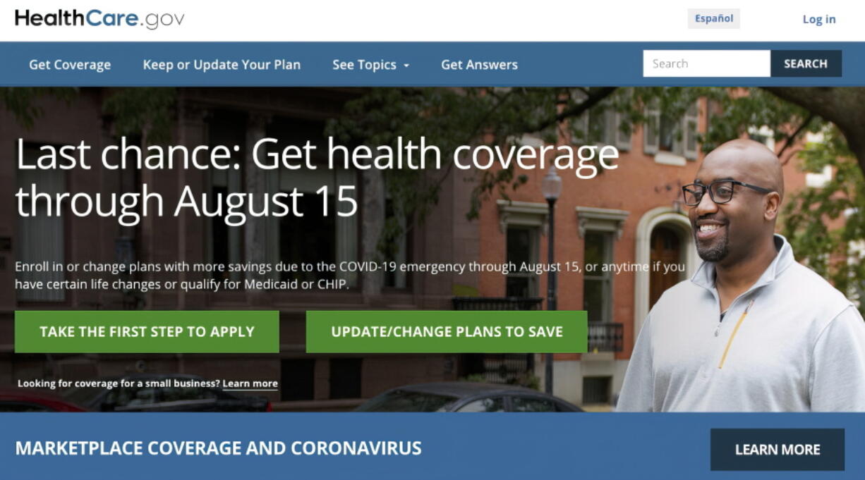 This image shows the home page for the government web page of healthcare.gov. With the Obama health care law undergoing a revival under President Joe Biden, this Sunday is the deadline for consumers to take advantage of a special sign-up period for private coverage made more affordable by his COVID relief law.