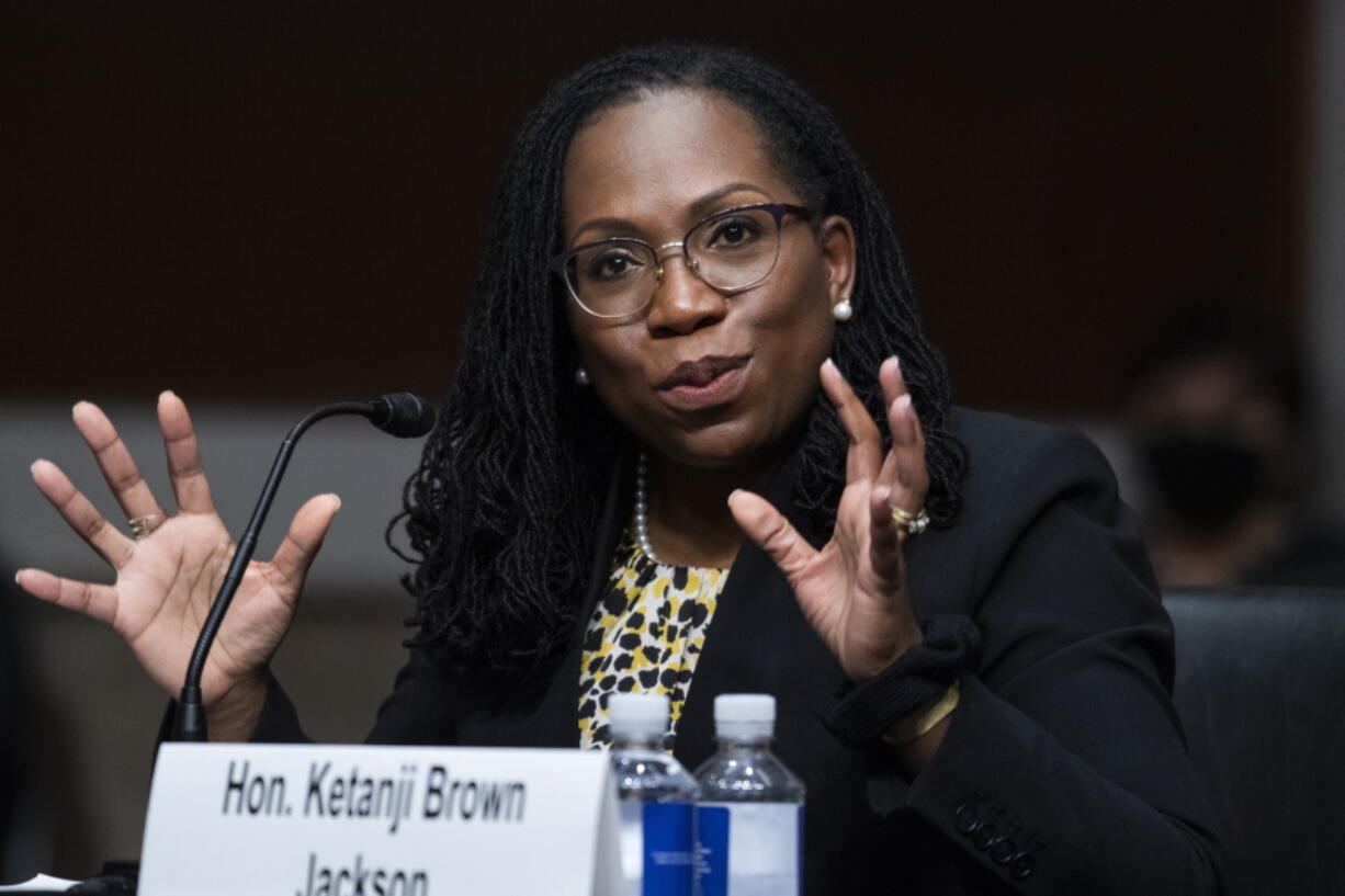 FILE - In this Wednesday, April 28, 2021, file photo, Ketanji Brown Jackson, nominated to be a U.S. Circuit Judge for the District of Columbia Circuit, testifies before a Senate Judiciary Committee hearing on pending judicial nominations, on Capitol Hill in Washington. With no Supreme Court opening to slow them, President Joe Biden and Senate Democrats are putting judges on federal trial and appellate courts at a much faster clip than any of Biden's recent predecessors. Eight judges already have been confirmed, including potential Supreme Court pick Brown Jackson to the federal appeals court in Washington.