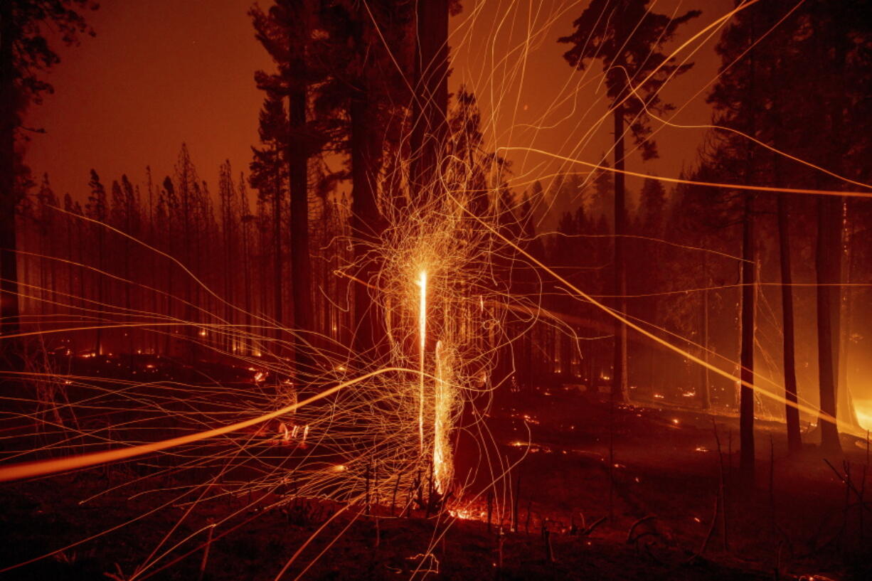 FILE - In this Tuesday, Aug. 17, 2021, file photo, in a long time exposure photo, embers fly from burning trees as the Caldor Fire growing on Mormom Emigrant Trail east of Sly Park, Calif. California has already surpassed the acreage burned at this point last year, which ended up setting the record. Now it's entering a period when powerful winds have often driven the deadliest blazes.