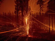 FILE - In this Tuesday, Aug. 17, 2021, file photo, in a long time exposure photo, embers fly from burning trees as the Caldor Fire growing on Mormom Emigrant Trail east of Sly Park, Calif. California has already surpassed the acreage burned at this point last year, which ended up setting the record. Now it's entering a period when powerful winds have often driven the deadliest blazes.