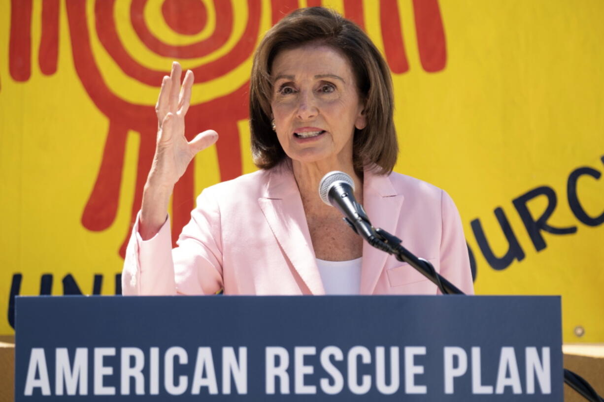 FILE - In this Aug. 10, 2021, file photo House Speaker Nancy Pelosi speaks at a press event regarding the Emergency Rental Assistance program in San Francisco. Moderate House Democrats say they'll sink a crucial fiscal blueprint outlining $3.5 trillion in social and environment spending unless a separate infrastructure bill is approved first. Nine of them have written Pelosi saying they "will not consider voting" for the budget resolution unless the separate, $1 trillion infrastructure measure is first enacted into law.