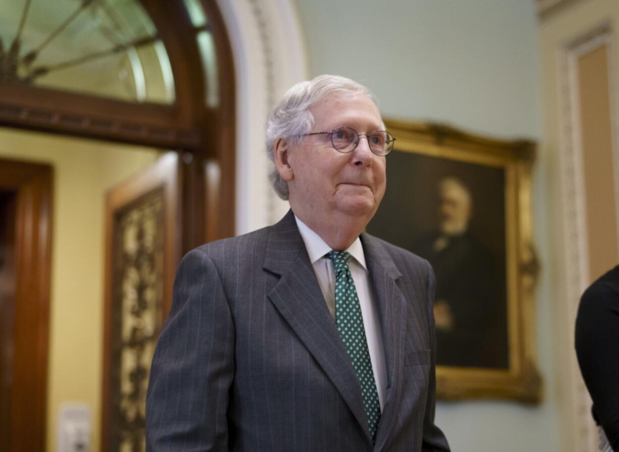 Senate Minority Leader Mitch McConnell, R-Ky., leaves the chamber as lawmakers work to advance the $1 trillion bipartisan bill, at the Capitol in Washington, Thursday, Aug. 5, 2021. (AP Photo/J.