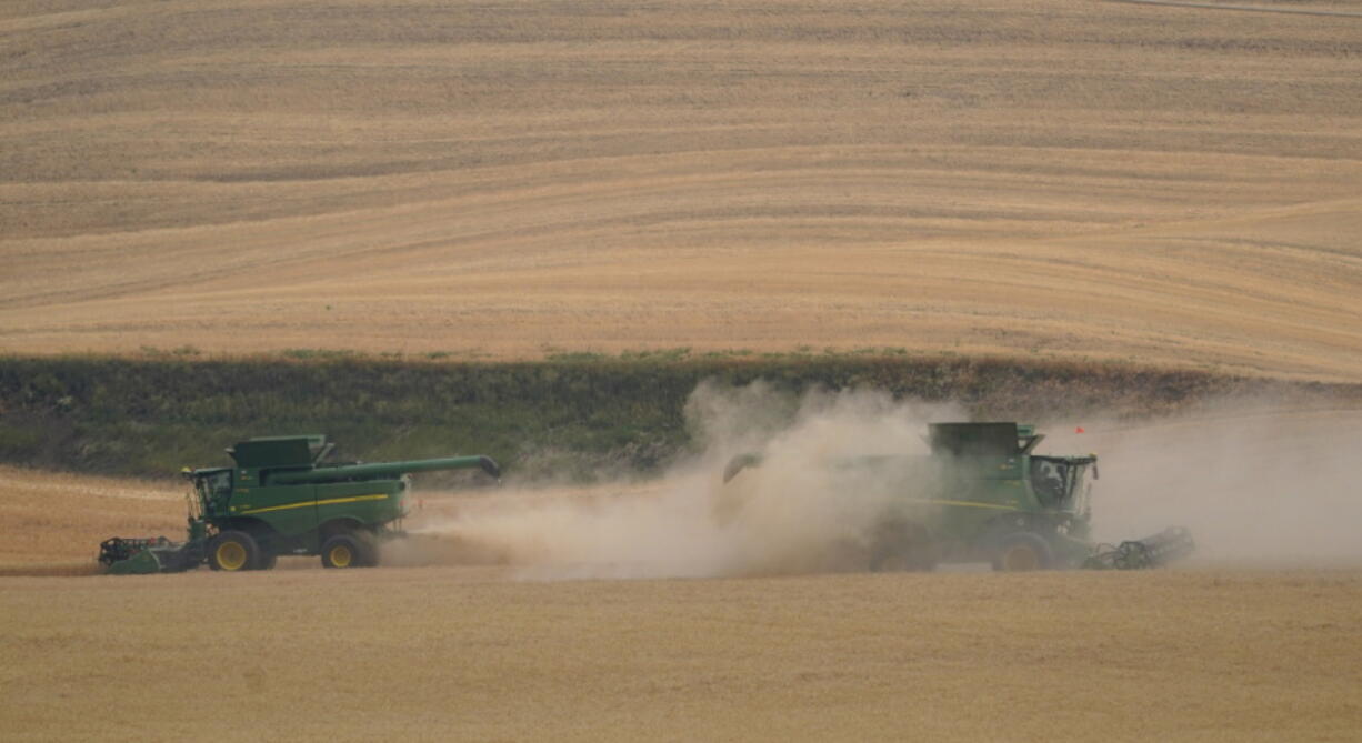 Two combines harvest wheat Aug. 5 near Pullman. (ted s.