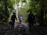 Scientists walk with locals as they collect plant samples to extract its DNA as part of the Barcode Galapagos project in the island of San Cristobal, Galapagos, Ecuador, Friday, Aug. 20, 2021. The  Barcode Galapagos project trains and pays locals to be "citizen scientists" in an effort to catalogue the genetic code of more plants, animals and microorganisms in the Galapagos.