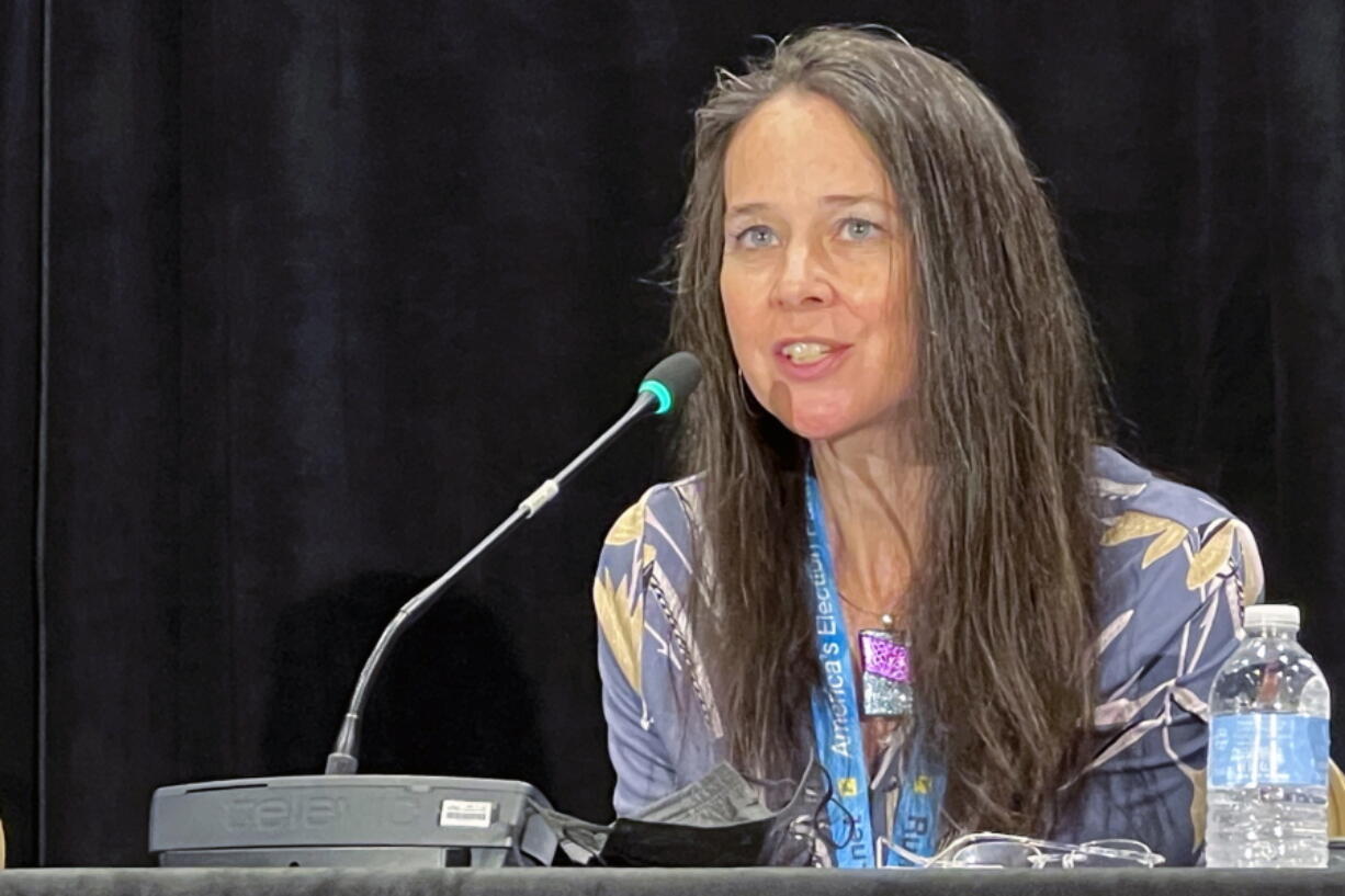 Jen Easterly, Director of Department of Homeland Security's Cybersecurity and Infrastructure Security Agency, speaks during the Summer meeting of the National Association of Secretaries of State on Saturday, Aug. 14, 2021, in Des Moines, Iowa.