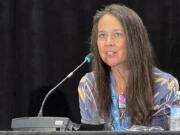 Jen Easterly, Director of Department of Homeland Security's Cybersecurity and Infrastructure Security Agency, speaks during the Summer meeting of the National Association of Secretaries of State on Saturday, Aug. 14, 2021, in Des Moines, Iowa.