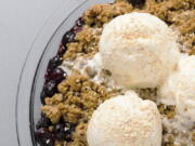 A recipe for blueberry crumble with oats and tahini.