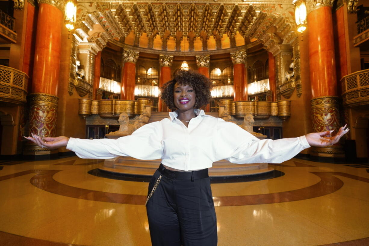 In this Aug. 2, 2021 photo, Jennifer Hudson poses for a portrait to promote "Respect" at the Fox Theatre in Detroit.  Hudson has in some ways been preparing to play Aretha Franklin for her entire life, but she was still surprised when the Queen of Soul asked her to take on the role following her Oscar win for "Dreamgirls" in 2007.  The film from director Liesl Tommy follows Franklin from childhood through the 1972 recording of the gospel album "Amazing Grace." It opens nationwide Friday.