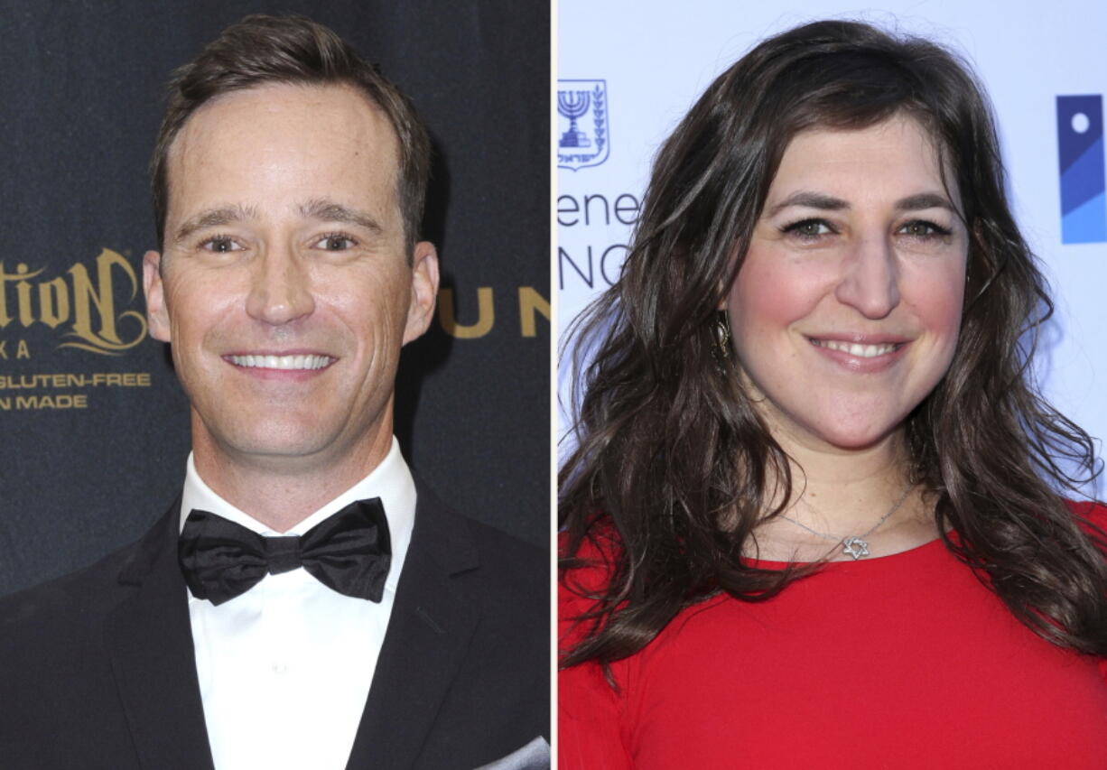 This combination photo shows Mike Richards, left, in the pressroom at the 43rd annual Daytime Emmy Awards on May 1, 2016, in Los Angeles and Mayim Bialik at a Celebration of the 70th Anniversary of Israel on June 10, 2018, in Los Angeles. Eight months after the death of beloved "Jeopardy!" host Alex Trebek, the daily syndicated quiz show chose its executive producer as Trebek's successor over a field of celebrity candidates. Sony also chose Mayim Bialik as emcee for "Jeopardy!" primetime and spinoff series, including a new college championship.