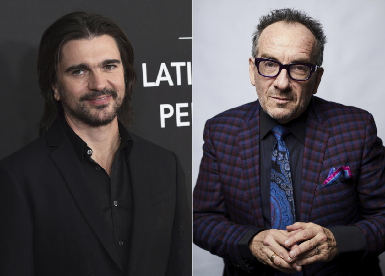 Juanes arrives at the Latin Recording Academy Person of the Year gala in Las Vegas on Nov. 13, 2019, in Las Vegas, left, and Elvis Costello poses for a portrait in New York on Sept. 17, 2018. Costello is releasing a Spanish-language version of his 1978 classic album 'This Year's Model.' It comes out in September, but an initial version of Juanes singing 'Pump it Up' was released as a YouTube video on Thursday.