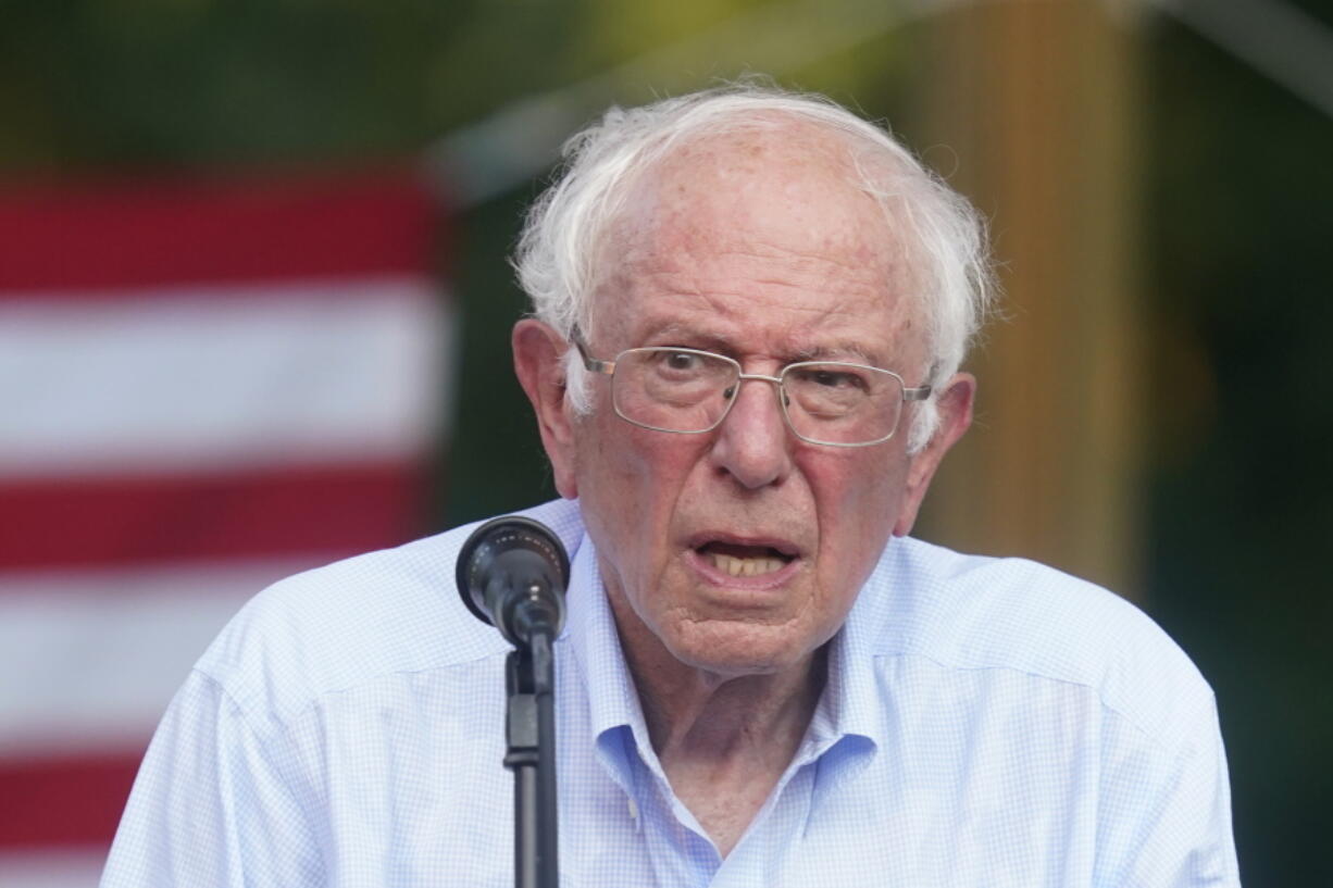 Sen. Bernie Sanders, I-Vt., speaks during town hall at Tippecanoe County Amphitheater, Friday, Aug. 27, 2021, in West Lafayette, Ind. Sanders is swinging through two reliably red states to promote a $3.5 trillion budget proposal that'??s packed with progressive initiatives and financed by higher taxes on the rich.