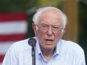 Sen. Bernie Sanders, I-Vt., speaks during town hall at Tippecanoe County Amphitheater, Friday, Aug. 27, 2021, in West Lafayette, Ind. Sanders is swinging through two reliably red states to promote a $3.5 trillion budget proposal that'??s packed with progressive initiatives and financed by higher taxes on the rich.