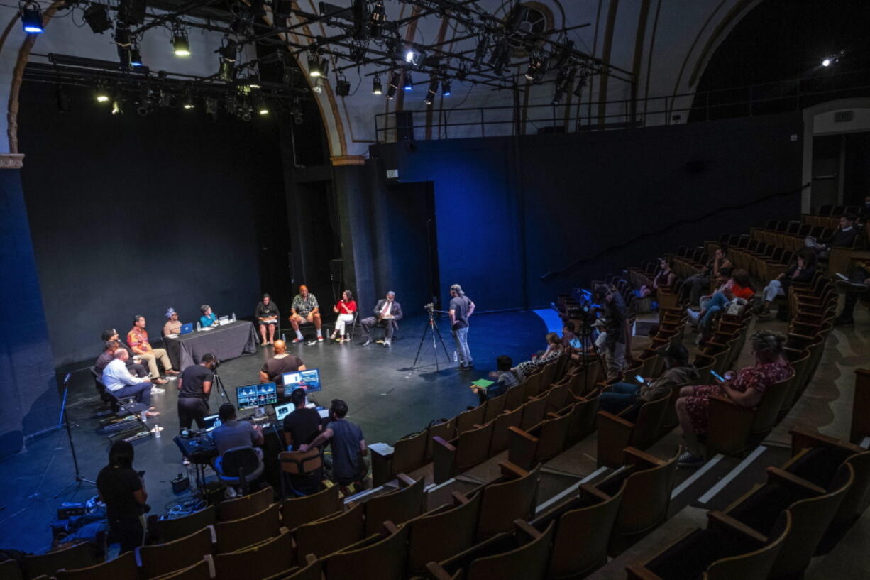 A group of candidates in the race for Mayor of Seattle takes part in a forum focused on arts and culture, Thursday, July 22, 2021 at the Langston Hughes Performing Arts Institute in Seattle. The city's mayoral primary election will be held on Tuesday, Aug. 3.