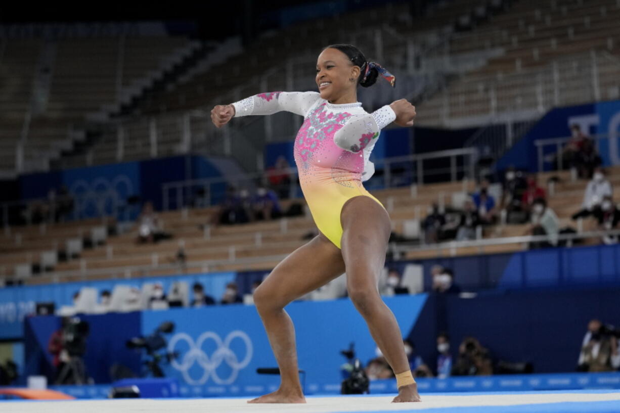 Rebeca Andrade, of Brazil, performs on the floor during the artistic gymnastics women's apparatus final at the 2020 Summer Olympics, Monday, Aug. 2, 2021, in Tokyo, Japan.