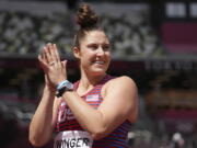 Kara Winger, of United States, competes in qualifications for the women's javelin throw at the 2020 Summer.