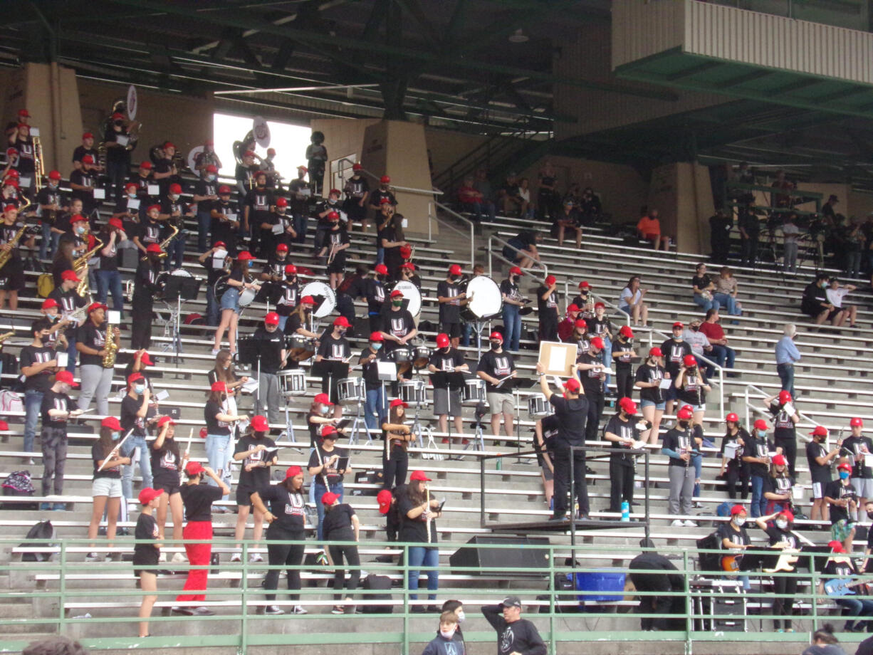 The Union High School band prepare to play prior to the game against O’Dea of Seattle on Friday, Sept.