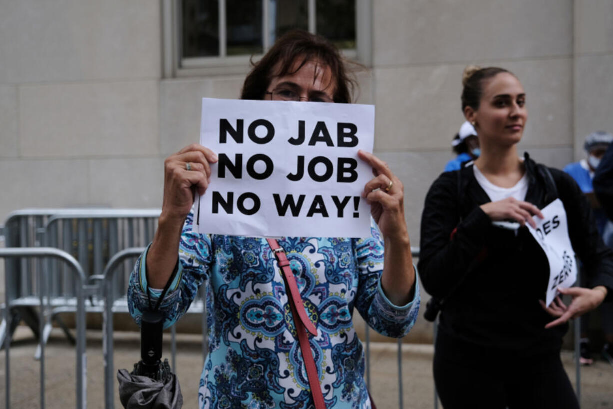 A small group of anti-vaccination protesters gather outside of New York-Presbyterian Hospital on September 1, 2021 in New York City.