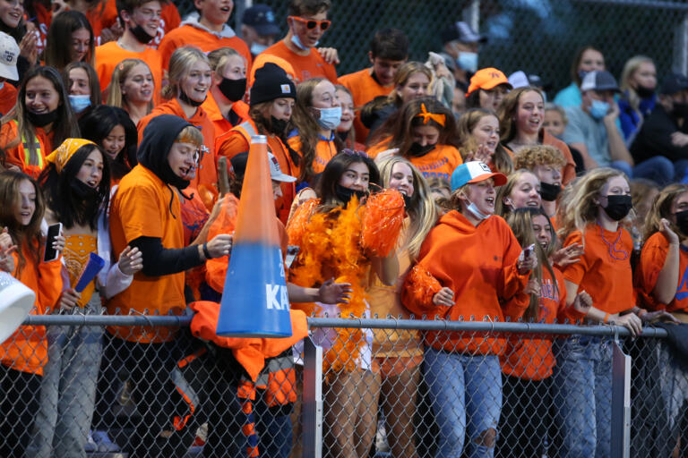 Ridgefield Spudders fans as Hockinson Hawks play against the Spudders in the 2A Greater St. Helens League season opener for both teams at Hockinson High School on Friday, Sept. 17, 2021. (Randy L.