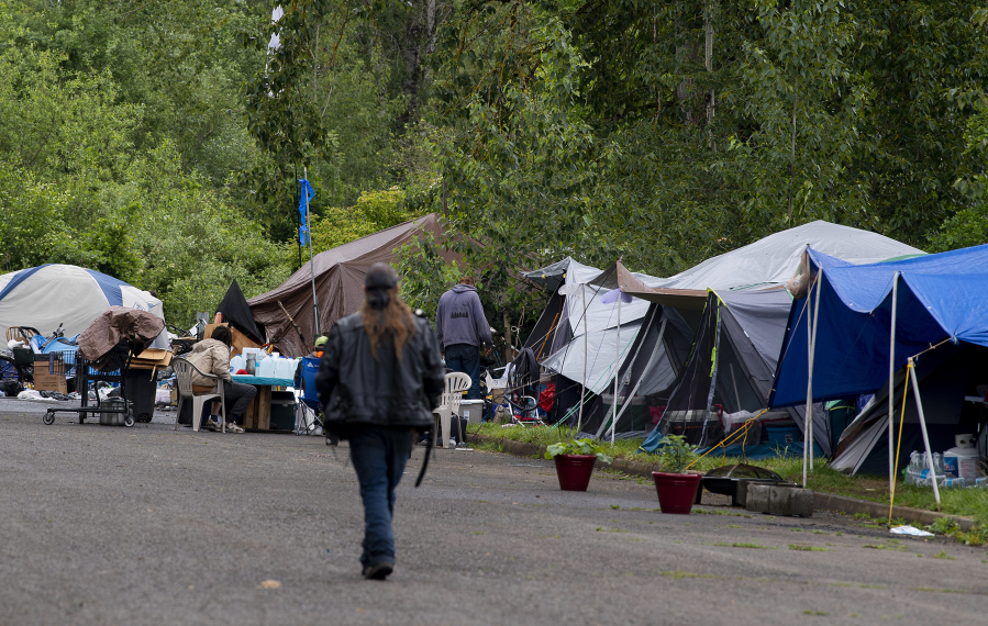 A homeless encampment is pictured in northeast Vancouver. The city is taking steps toward establishing "supportive campsites" providing sanitation and other services.