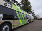 A 60-foot Vine bus at the C-Tran maintenance center in Vancouver.