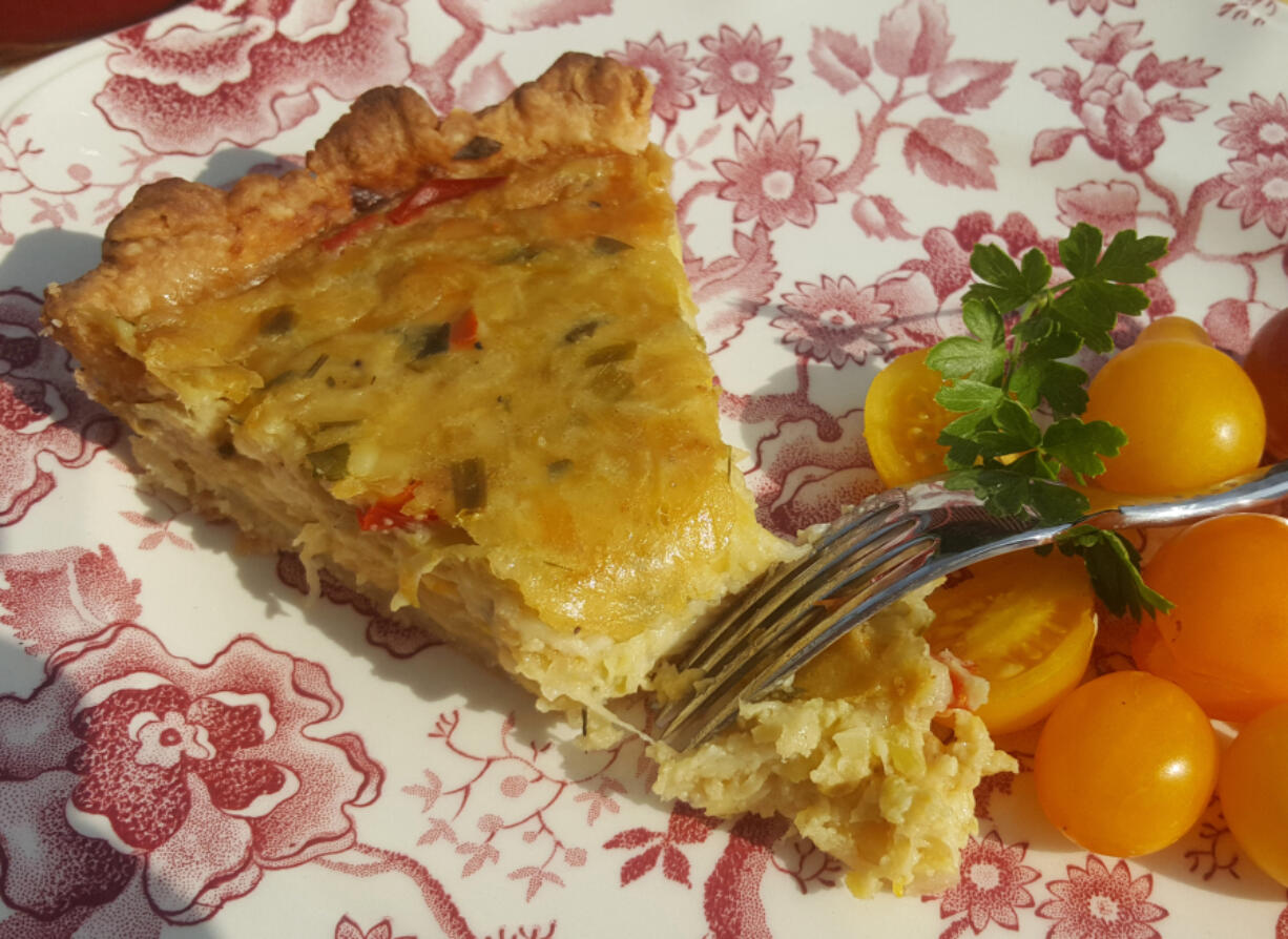 Savory Swiss Pie has 2 cups of Swiss cheese plus plenty of zucchini and yellow squash.