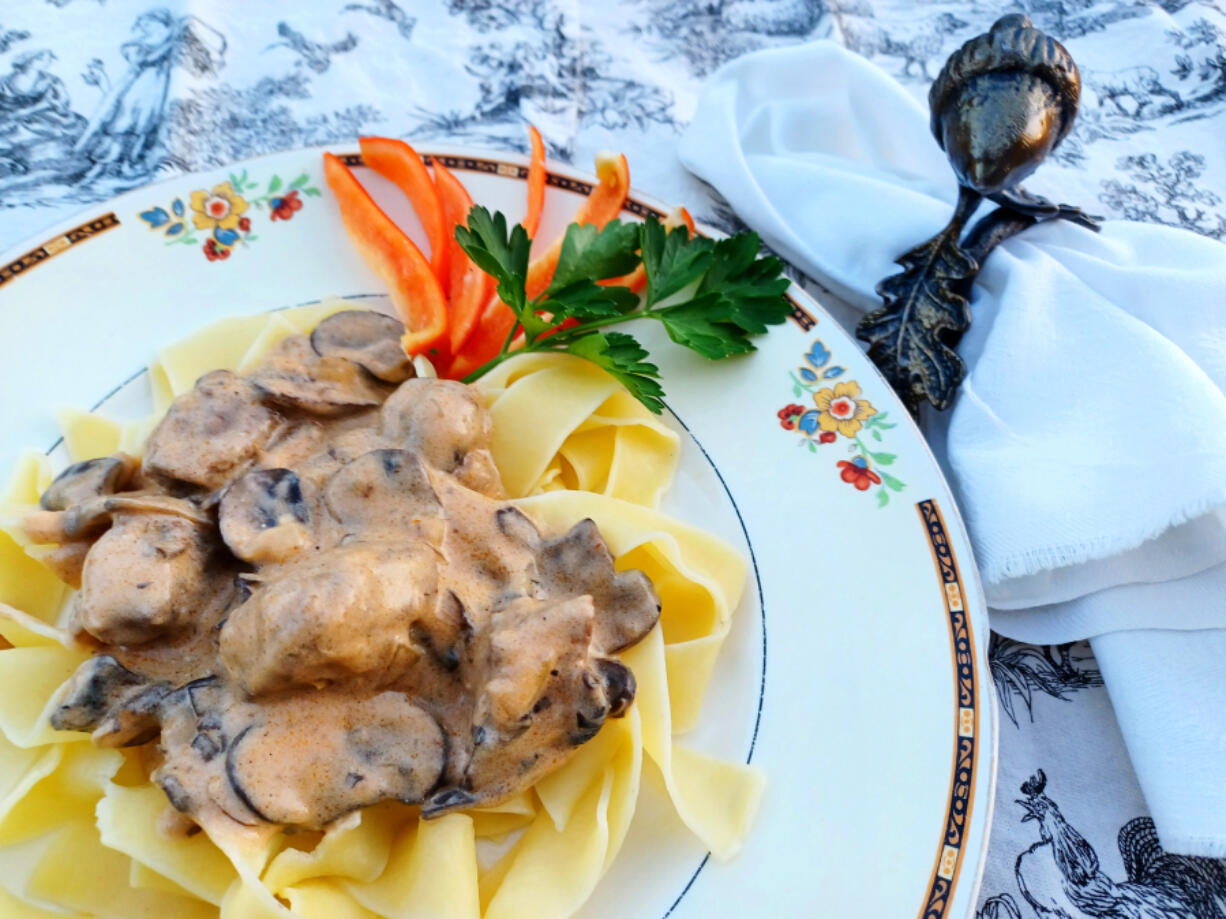 Beef, onions, sour cream and a pound of mushrooms make this beef stroganoff a rich autumn repast.