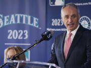 Baseball Commissioner Rob Manfred speaks during a news conference Thursday, Sept. 16, 2021, at the Space Needle in Seattle. Manfred announced that the Seattle Mariners will host the 2023 All-Star Game at T-Mobile Park. (AP Photo/Ted S.