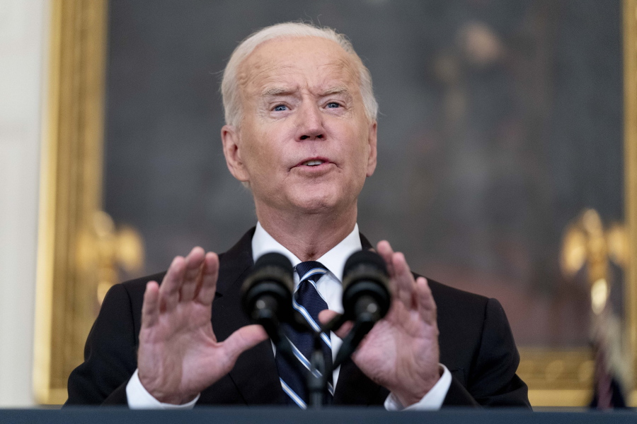 President Joe Biden speaks in the State Dining Room at the White House, Thursday, Sept. 9, 2021, in Washington. Biden is announcing sweeping new federal vaccine requirements affecting as many as 100 million Americans in an all-out effort to increase COVID-19 vaccinations and curb the surging delta variant.