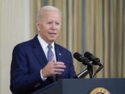 President Joe Biden speaks from the State Dining Room of the White House in Washington, Friday, Sept. 3, 2021, on the August jobs report.