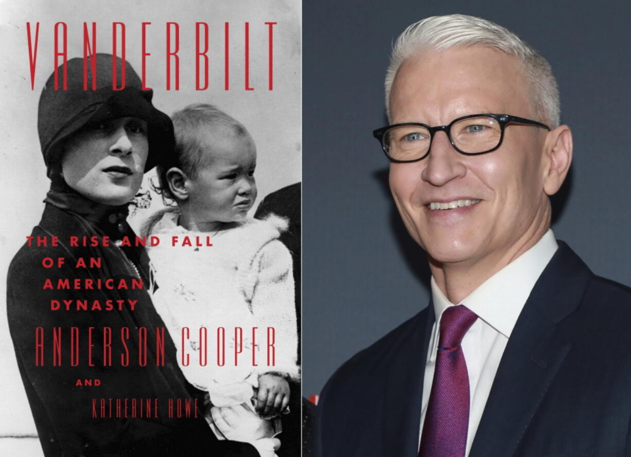 This combination photo shows cover art for "Vanderbilt: The Rise and Fall of An American Dynasty," left, and co-author Anderson Cooper at the 13th annual CNN Heroes: An All-Star Tribute in New York on Dec. 8, 2019.