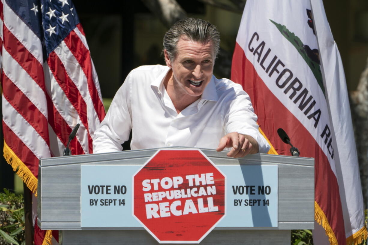 California Gov. Gavin Newsom campaigns against the recall election at Culver City High School in Culver City, Calif., Saturday, Sept. 4, 2021.