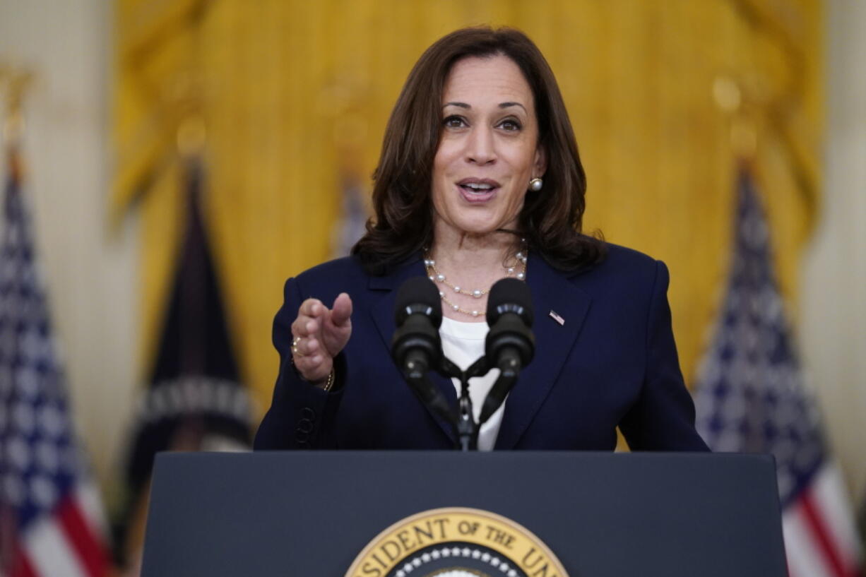 FILE - In this Aug. 10, 2021, file photo, Vice President Kamala Harris speaks from the East Room of the White House in Washington. The White House says Vice President Harris will visit California's Bay Area on Wednesday, Sept. 8, to campaign for Gov. Gavin Newsom, who faces removal from office in a Sept. 14 recall election.