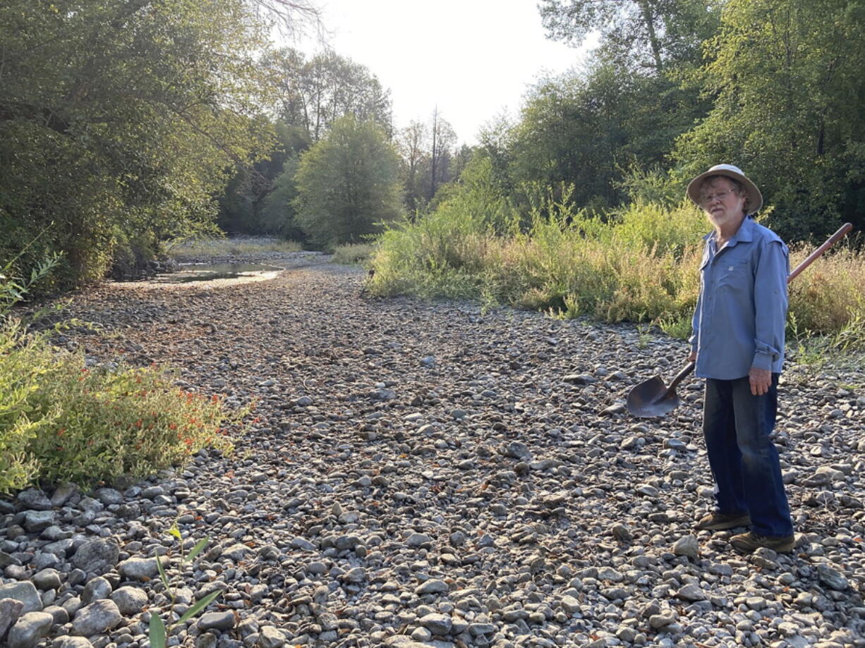 Jack Dwyer stands on the dry creek bed of Deer Creek in Selma, Ore. on Thursday, Sept. 2, 2021. In 1972, Dwyer pursued a dream of getting back to the land by moving to an idyllic, tree-studded parcel in Oregon with Deer Creek running through it. . But now, Deer Creek has become a dry creek bed after several illegal marijuana grows cropped up in the neighborhood last spring, stealing water from both the stream and aquifers and throwing Dwyer's future in doubt.