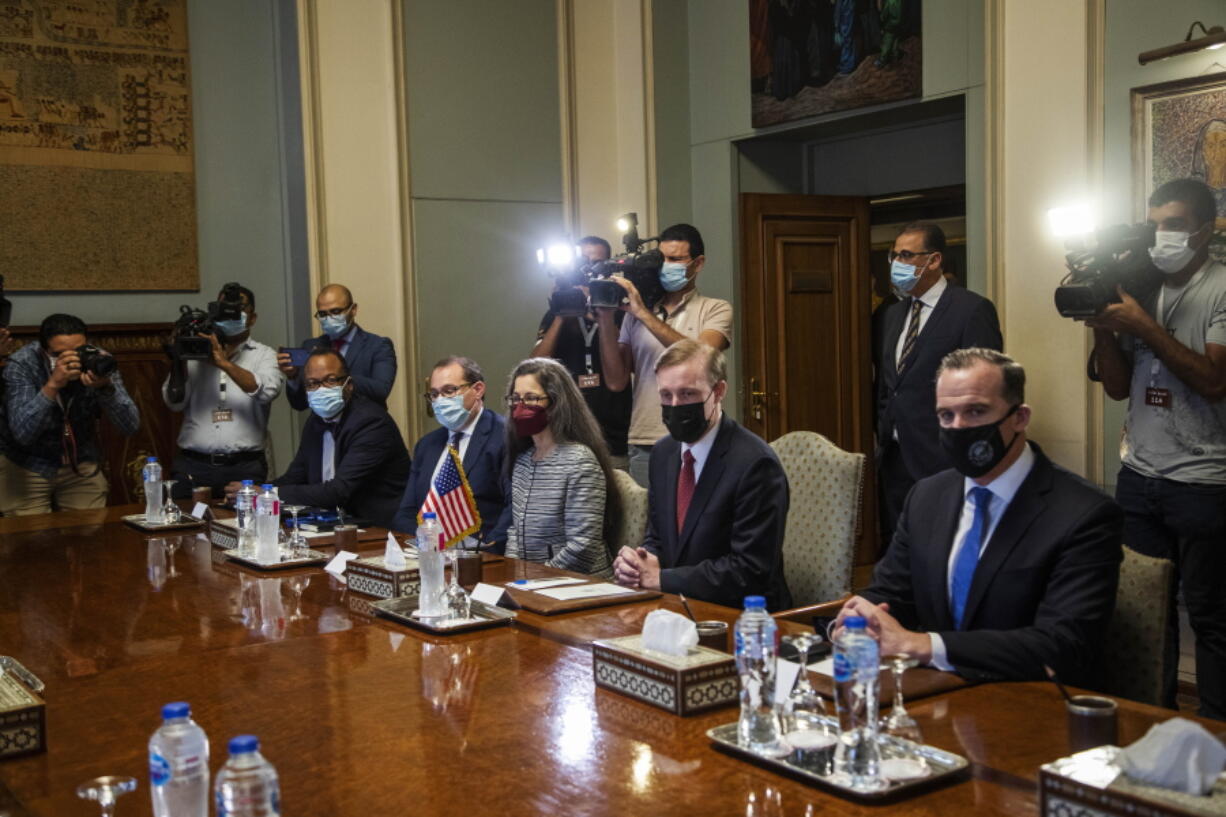 White House national security adviser Jake Sullivan, seated second right, meets with Egyptian Foreign Minister Sameh Shoukry and their delegations at the foreign ministry, in Cairo, Egypt, Wednesday, Sept. 29, 2021.