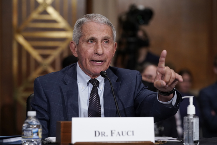 FILE - Dr. Anthony Fauci testifies before the Senate Health, Education, Labor, and Pensions Committee, on Capitol Hill in Washington, on July 20, 2021. John Hoffman and Janet Tobias's "Fauci," a portrait of the director of the National Institute of Allergy and Infectious Diseases, will screen only in theaters mandating vaccination and masking. (AP Photo/J.