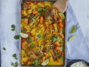 This image released by Simon & Schuster shows a recipe for curried chicken sheet pan dinner from the book "Cook Once Dinner Fix: Quick and Exciting Ways to Transform Tonight's Dinner into Tomorrow's Feast" by Cassy Joy Garcia.