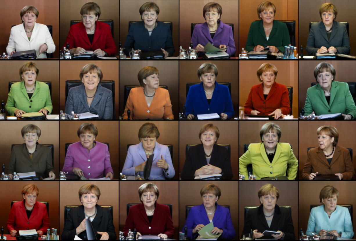 In this combo from file photos taken between 2009 and 2016, German Chancellor Angela Merkel is shown wearing her iconic blazers in different colors, as she leads the weekly cabinet meeting at the chancellery in Berlin.